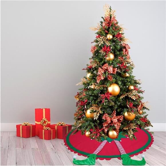 48" Big Elf Christmas Tree Skirt with Striped Legs and Ripple Trim Border, - Picture 7 of 8